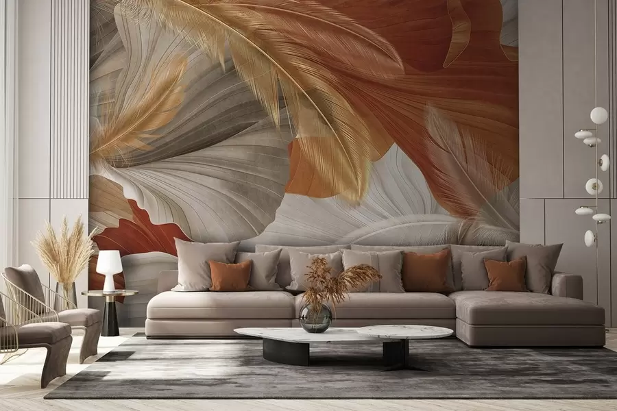 carta da parati Forme fluide astratte e strutturate nei colori crema e ruggine con delicate piume gialle, beige e marroni nr. w09549