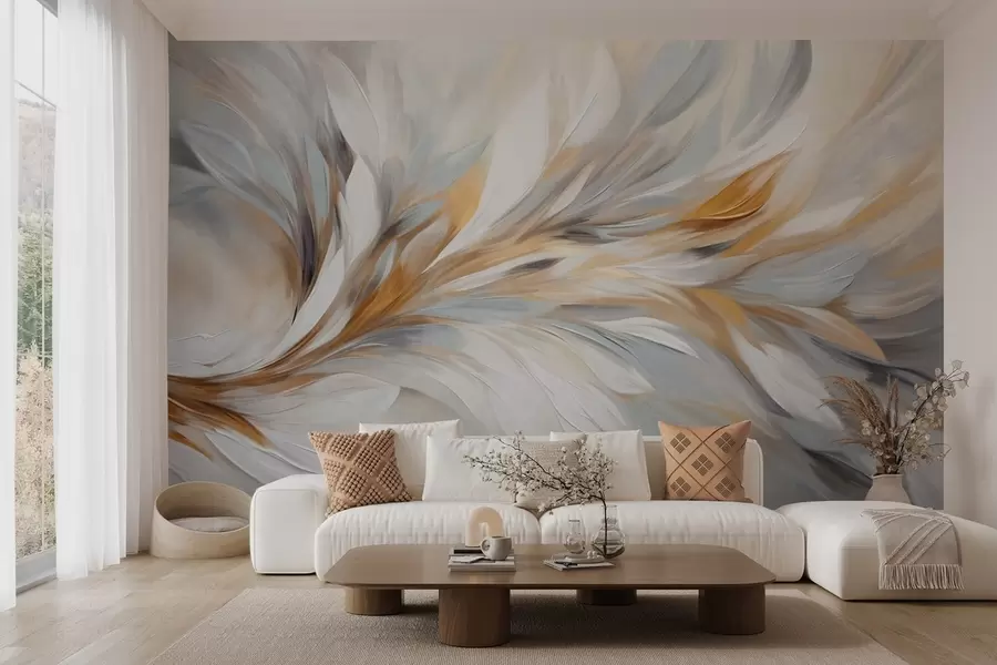 carta da parati Stile pittorico astratto con pennellate bianche, gialle e grigie su uno sfondo morbido e chiaro nr. w09552