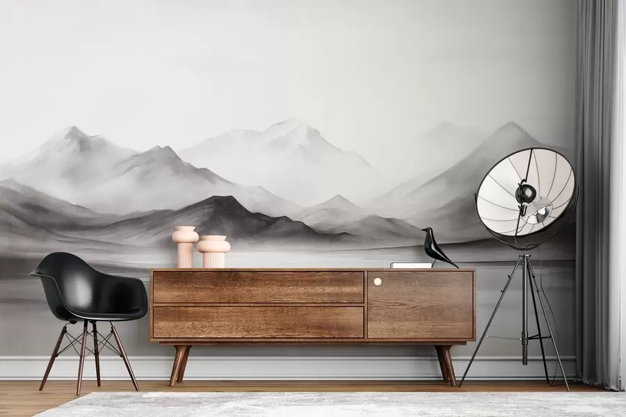 Carta da parati nature Un paesaggio monocromatico e strutturato con montagne nebbiose e un lago in primo piano 