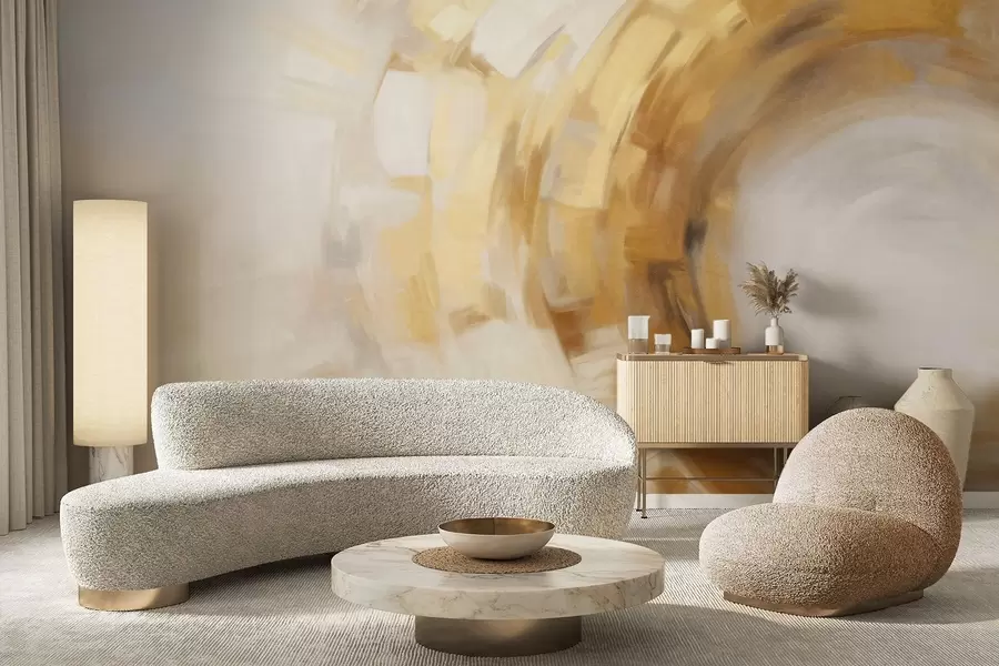 carta da parati Imitazione della pittura astratta con pennellate circolari e strutturate in giallo e bianco, che creano un senso di movimento nr. w09558