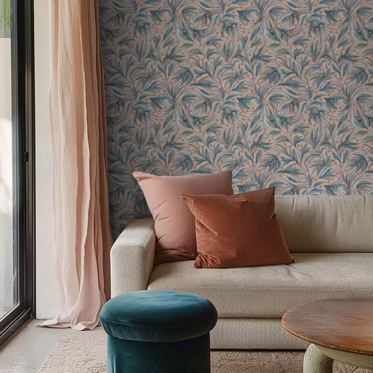 Carta da parati Fogliame blu astratto con fiori color corallo a00852