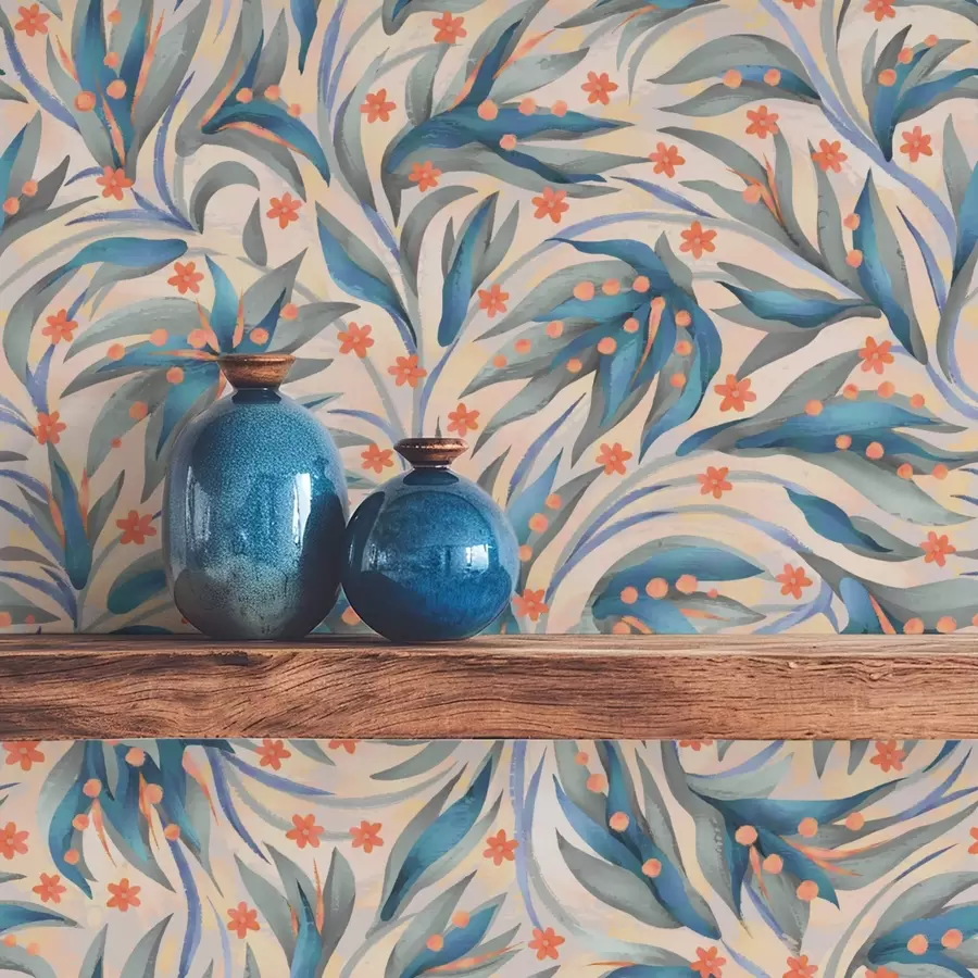 carta da parati Fogliame blu astratto con fiori color corallo nr. a00852