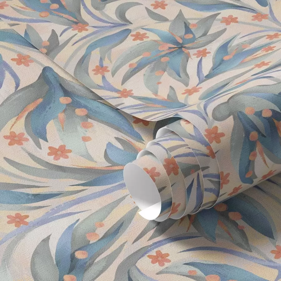 carta da parati Fogliame blu astratto con fiori color corallo nr. a00852
