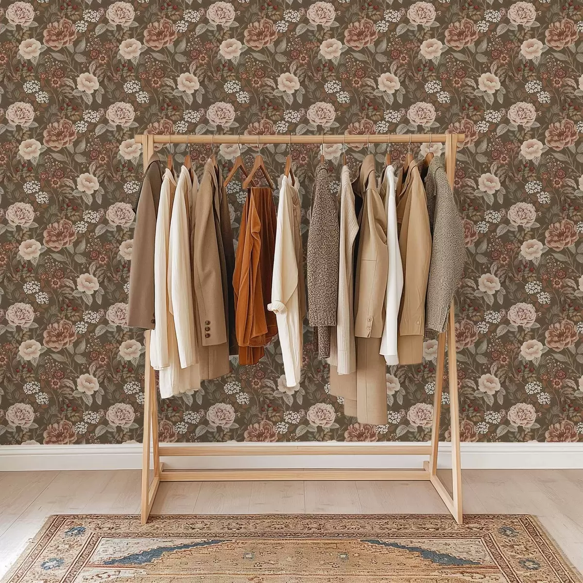 Carta da parati Rose e bacche dai colori caldi su sfondo marrone a00868