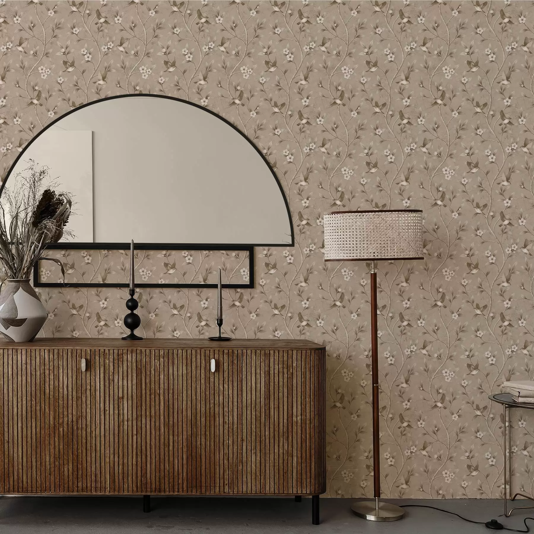 carta da parati Uccelli e rami in fiore nei caldi toni seppia nr. a00882