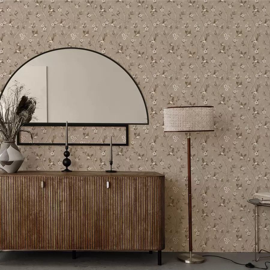 carta da parati Uccelli e rami in fiore nei caldi toni seppia nr. a00882