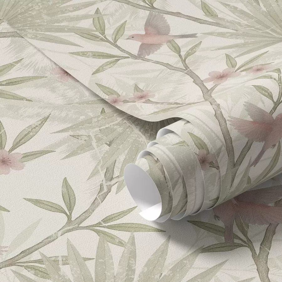 carta da parati Delicati uccellini rosa tra le foglie di palma nr. a00883