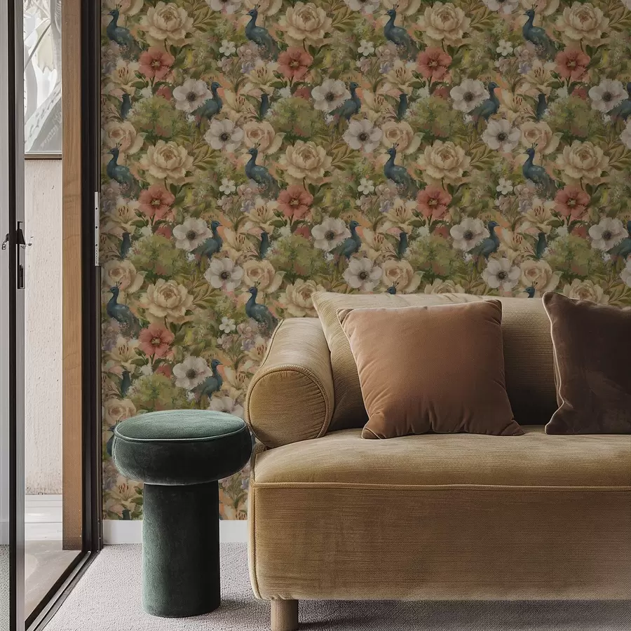 carta da parati Giardino pittoresco con pavoni e fiori grandi nr. a00885