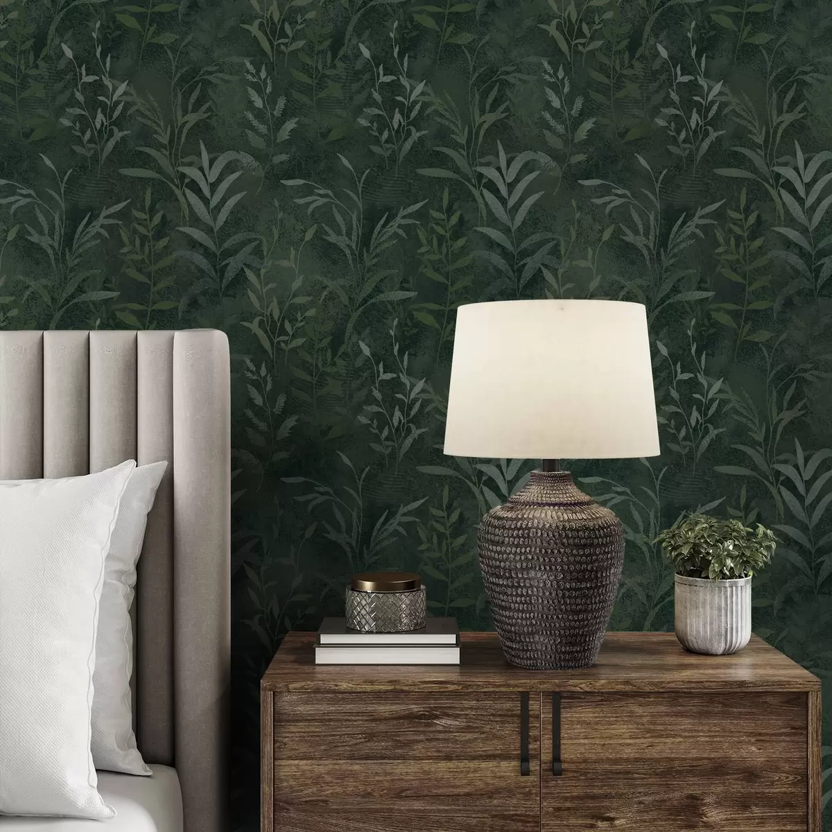 Carta da parati Sfondo verde scuro con rami di foglie traslucidi a00888