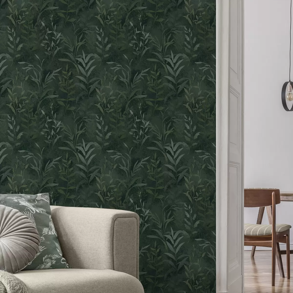 Carta da parati Sfondo verde scuro con rami di foglie traslucidi a00888