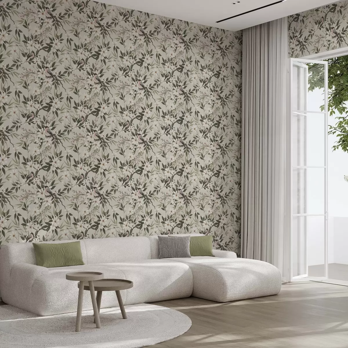 Carta da parati Cardellini dal petto bianco su rami con fiori color crema a00889