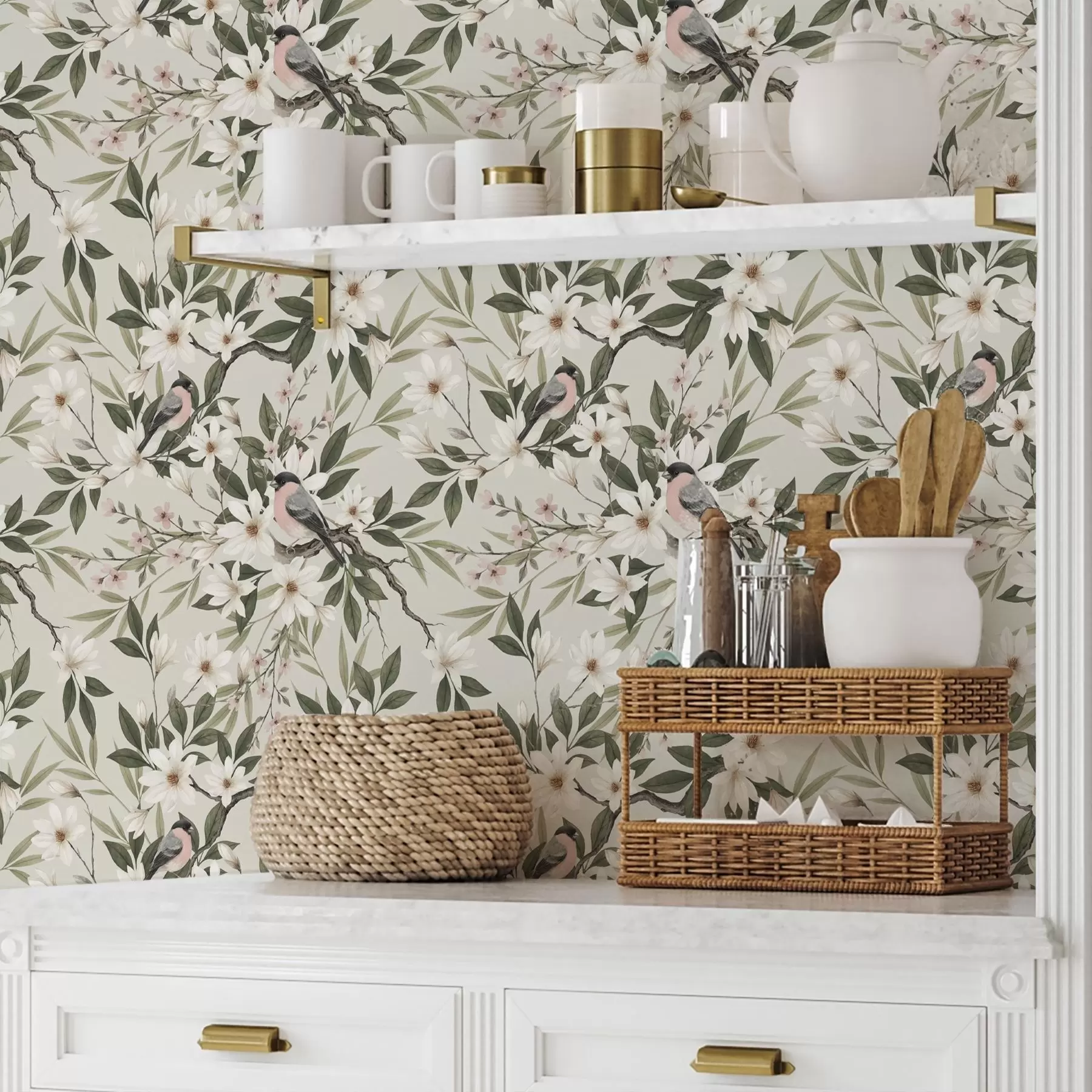 carta da parati Cardellini dal petto bianco su rami con fiori color crema nr. a00889