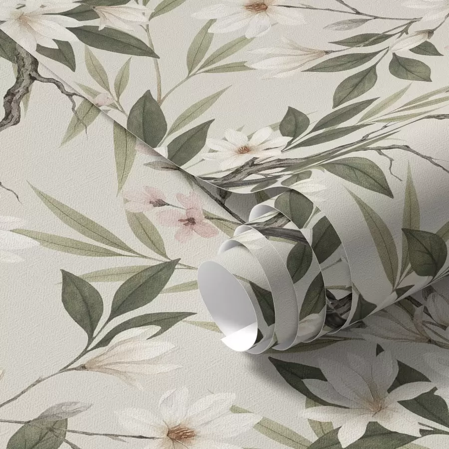 carta da parati Cardellini dal petto bianco su rami con fiori color crema nr. a00889