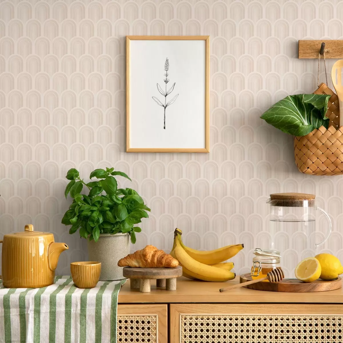 Carta da parati Fila di forme ad arco con morbide strisce beige, stile retrò a00923