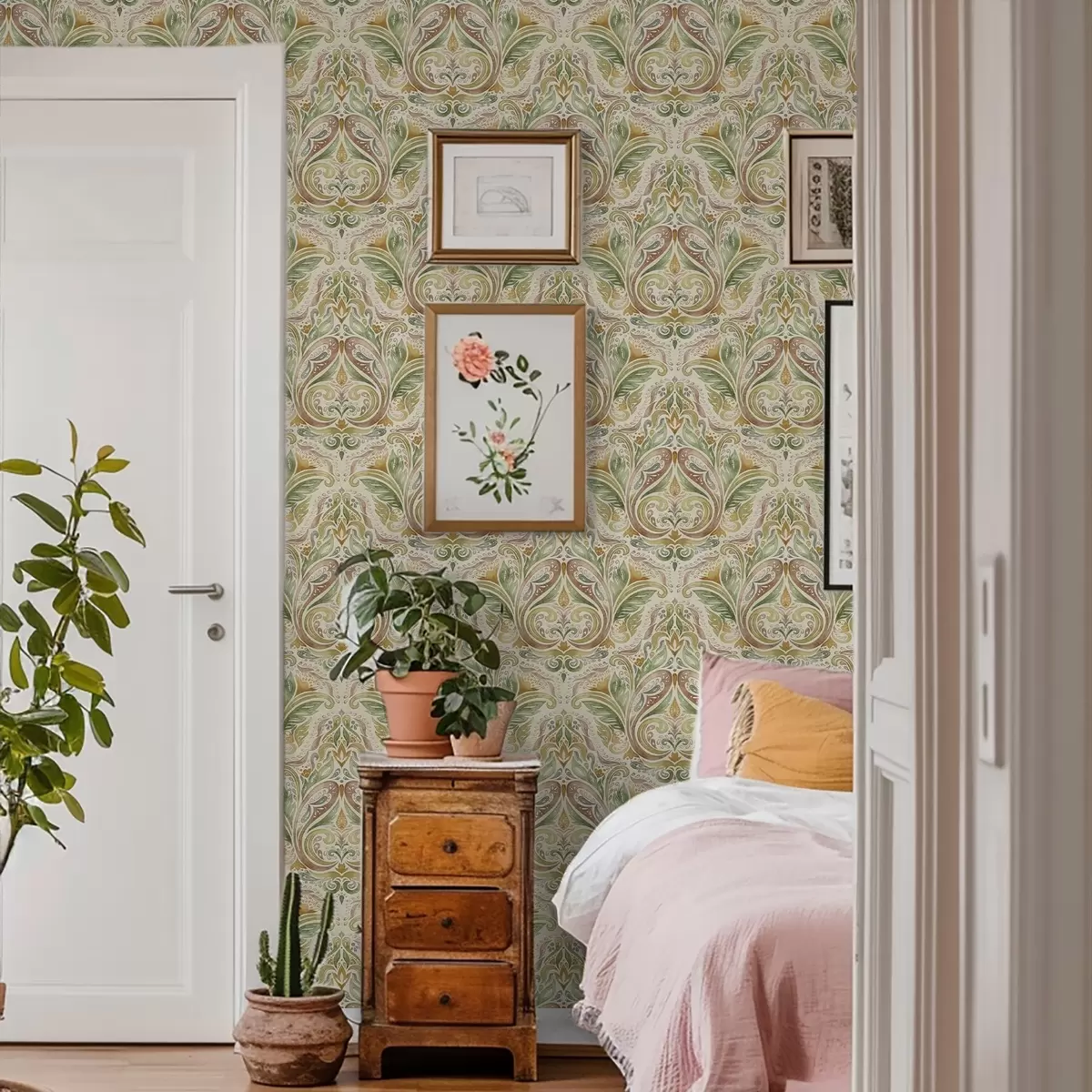 Carta da parati Acquerello con volute fogliate nei toni del verde e dell'ocra caldo a00927