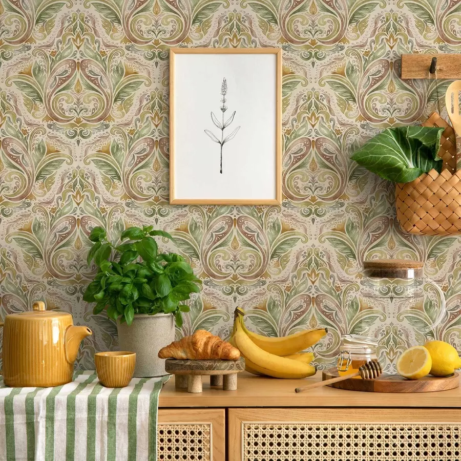 carta da parati Acquerello con volute fogliate nei toni del verde e dell'ocra caldo nr. a00927