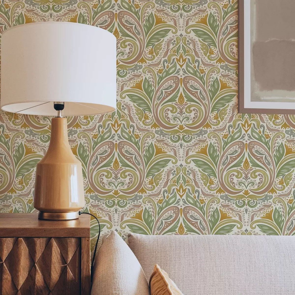 Carta da parati Volute ornamentali fogliate nei toni del verde e del terracotta a00927v1