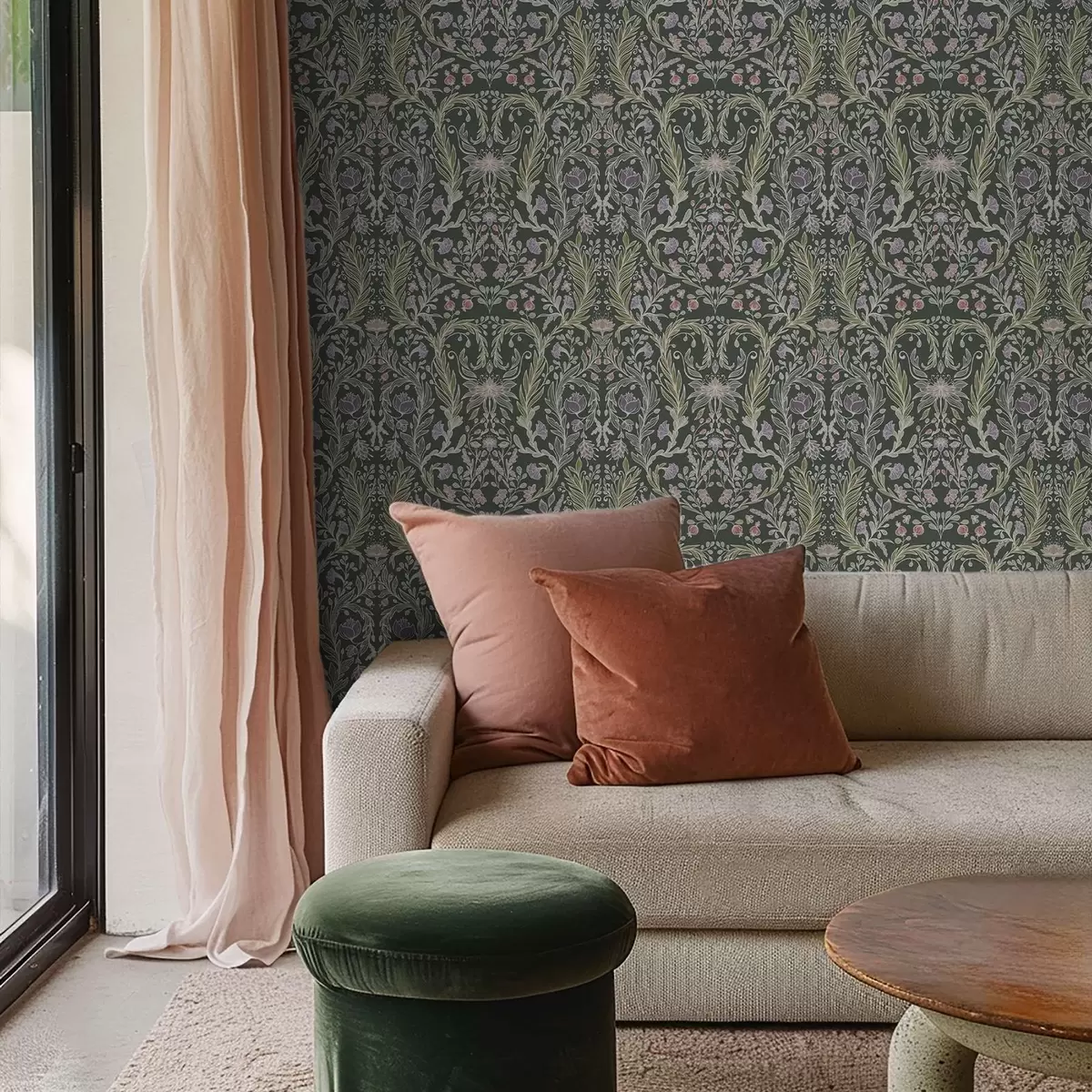 Carta da parati Ornamento floreale simmetrico su sfondo verde scuro a00928