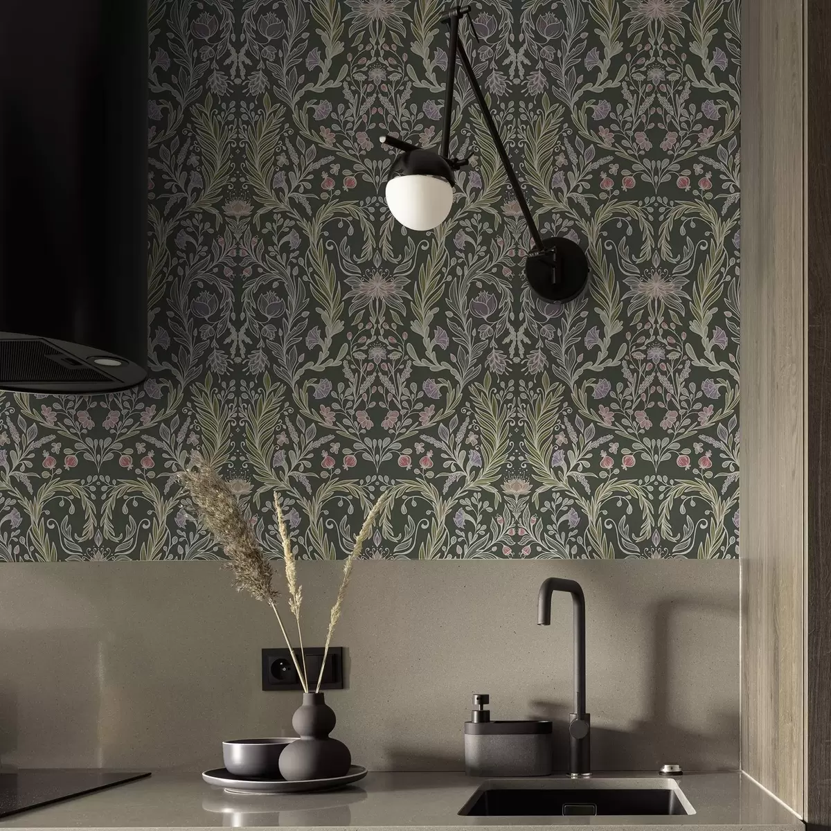 Carta da parati Ornamento floreale simmetrico su sfondo verde scuro a00928