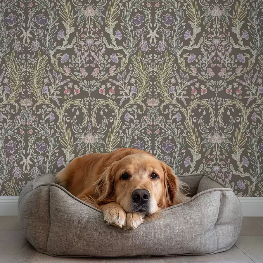 carta da parati Fiori e foglie simmetrici su sfondo grigio-marrone nr. a00928v2