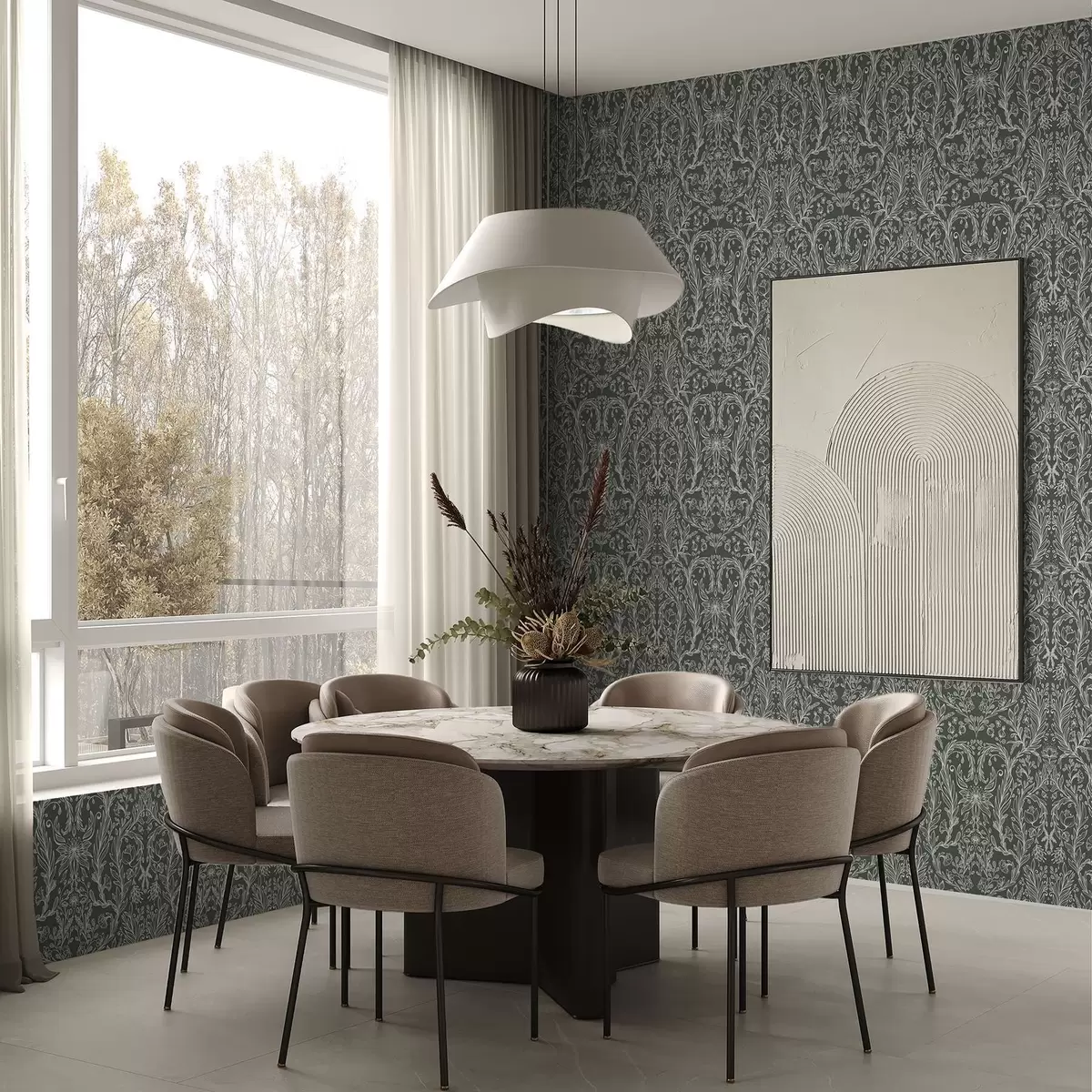 Carta da parati Motivo floreale lineare su sfondo verde scuro a00929