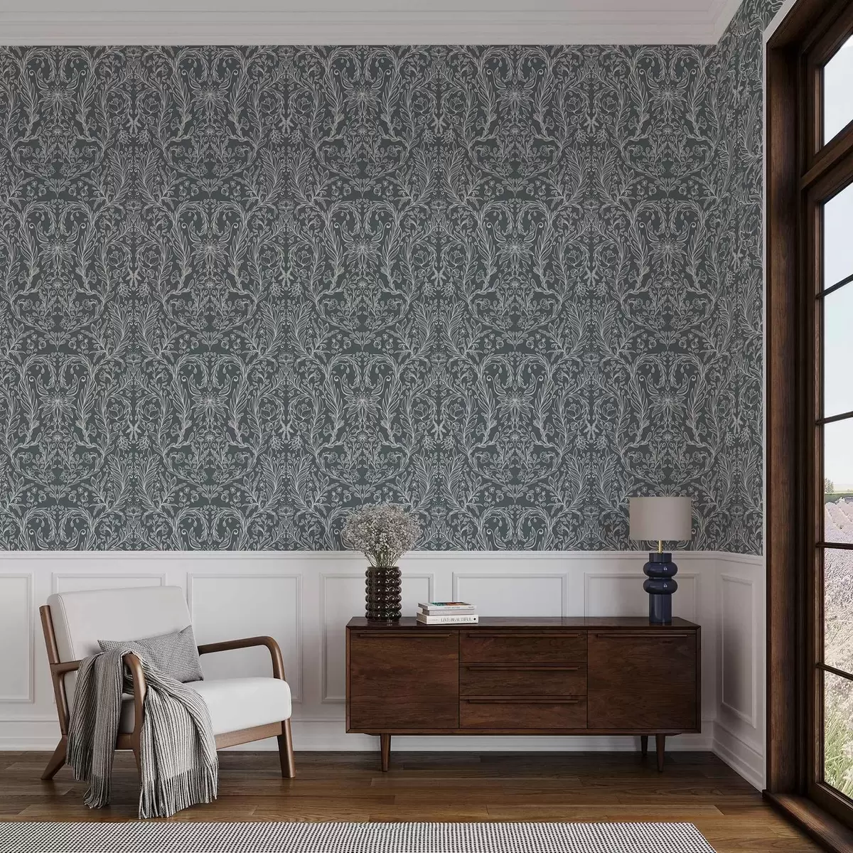 Carta da parati Ornamento floreale lineare su sfondo grigio-bluastro a00929v1