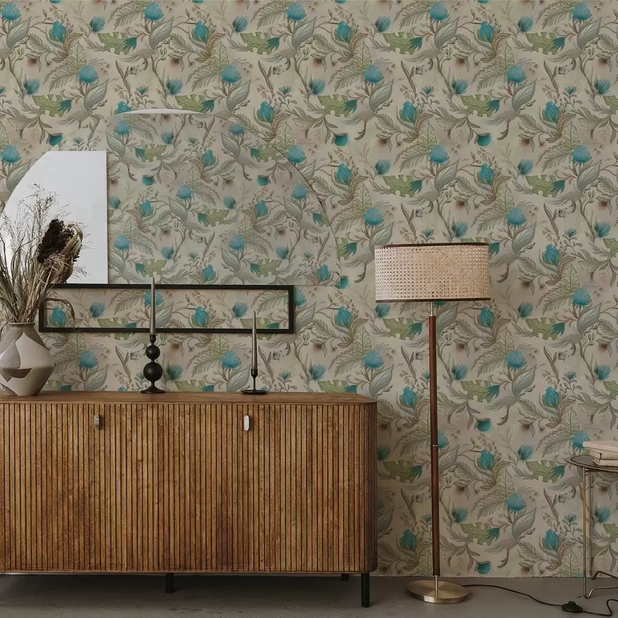 carta da parati Germogli e foglie blu su sfondo beige chiaro nr. a00930