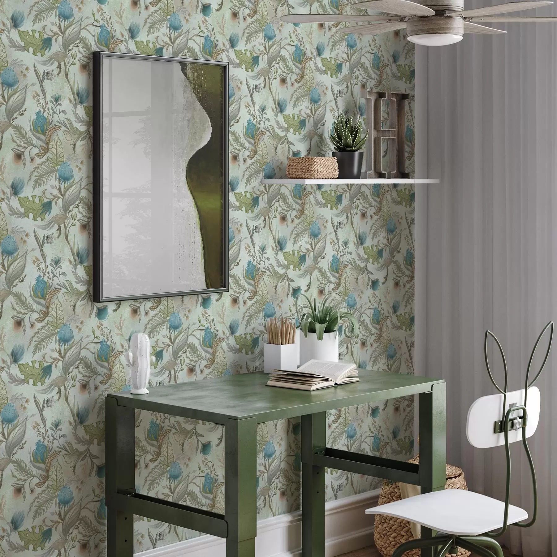 carta da parati Fiori blu e foglie verdi su uno sfondo color menta chiaro nr. a00930v1