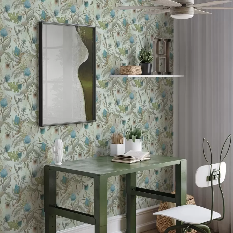 carta da parati Fiori blu e foglie verdi su uno sfondo color menta chiaro nr. a00930v1