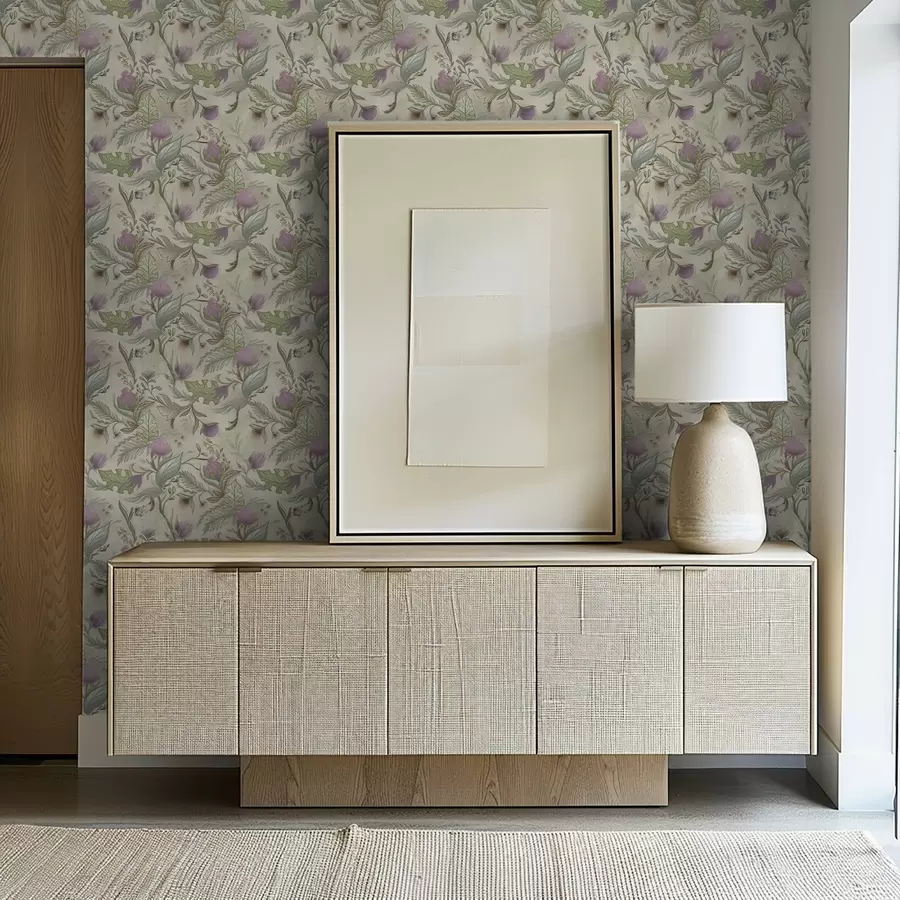 carta da parati Boccioli di lillà e morbida vegetazione su sfondo color crema nr. a00930v2