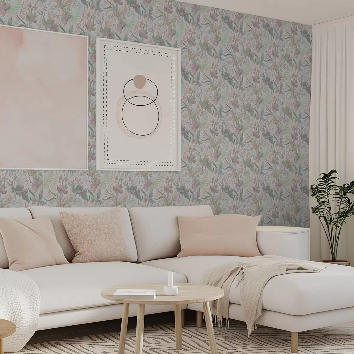 Carta da parati Delicati fiori e foglie dai colori pastello su uno sfondo chiaro a00931