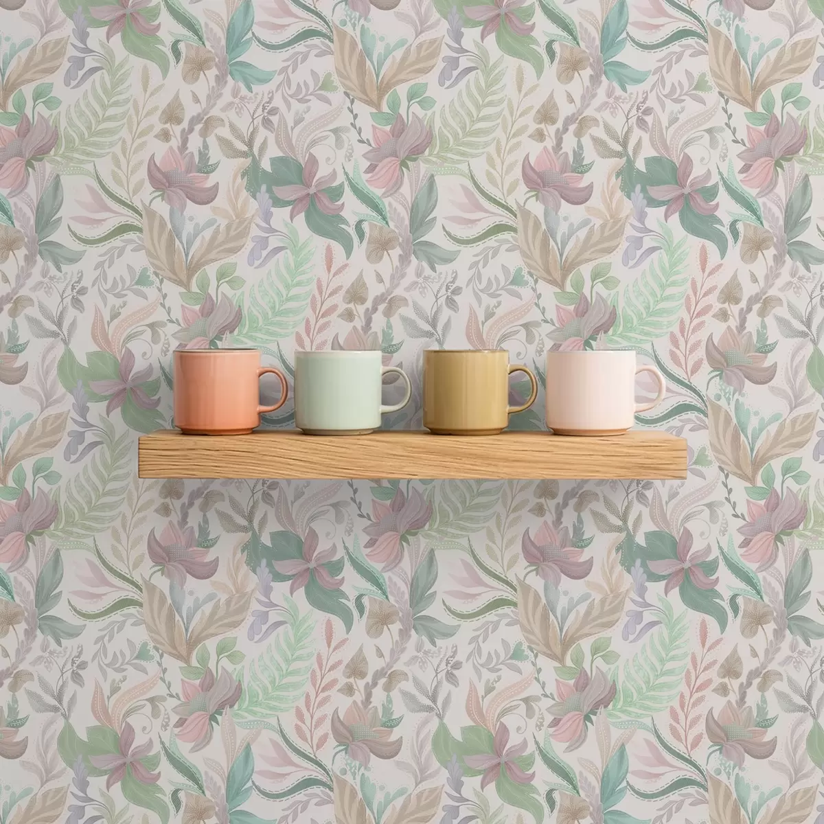 Carta da parati Delicati fiori e foglie dai colori pastello su uno sfondo chiaro a00931