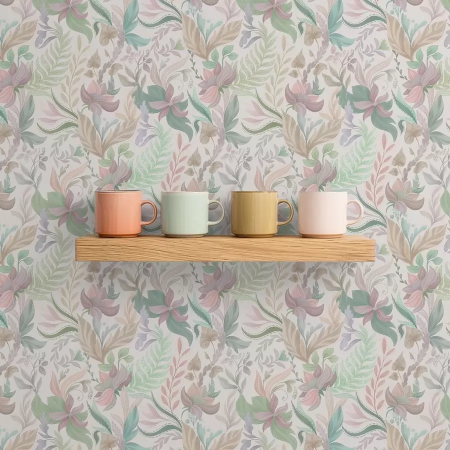carta da parati Delicati fiori e foglie dai colori pastello su uno sfondo chiaro nr. a00931