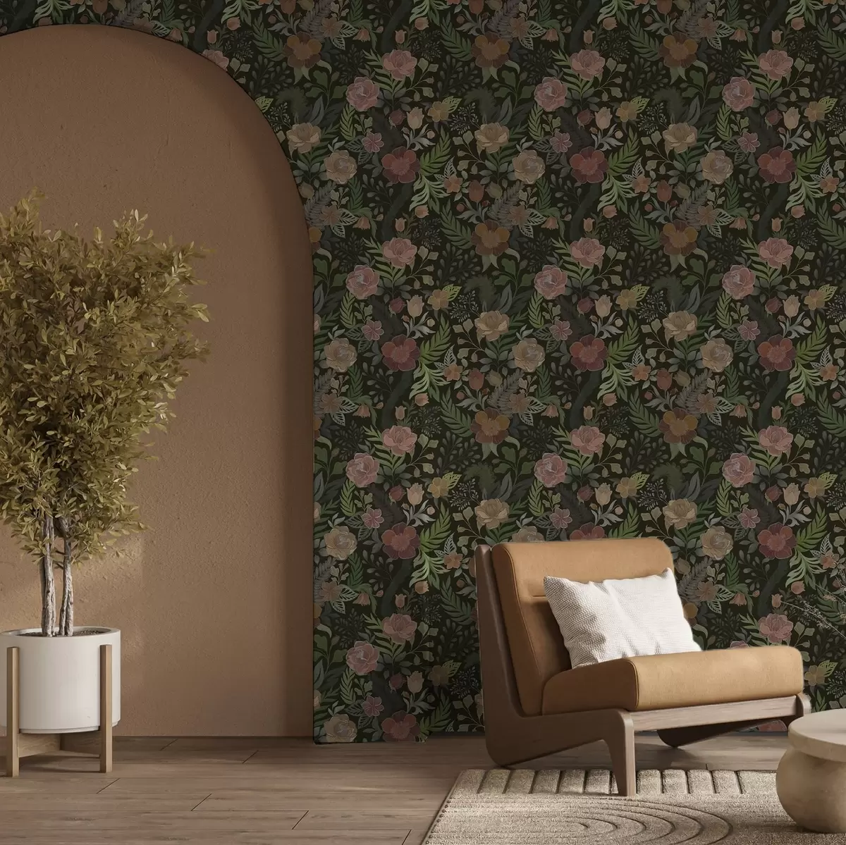 Carta da parati Ricchi fiori e vegetazione su uno sfondo scuro intenso a00932