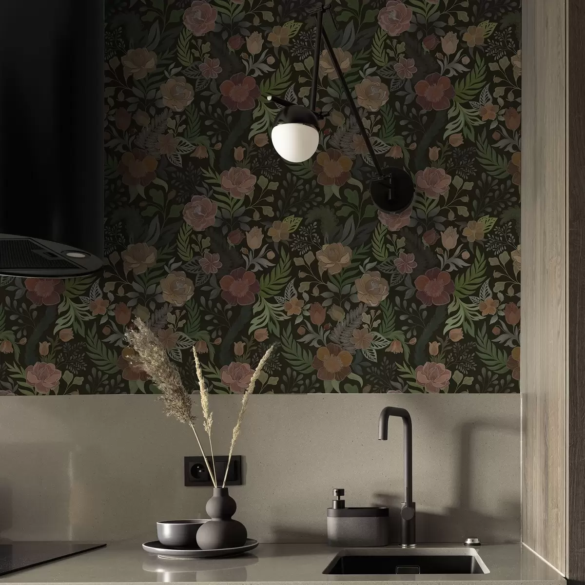 Carta da parati Ricchi fiori e vegetazione su uno sfondo scuro intenso a00932