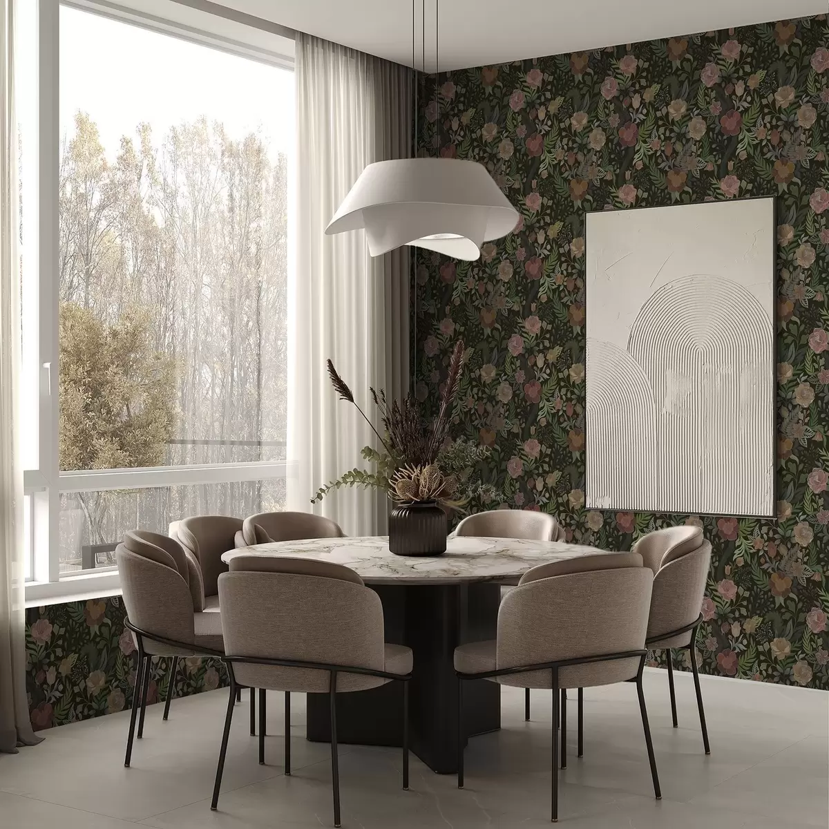 Carta da parati Ricchi fiori e vegetazione su uno sfondo scuro intenso a00932