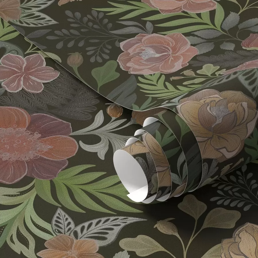 carta da parati Ricchi fiori e vegetazione su uno sfondo scuro intenso nr. a00932