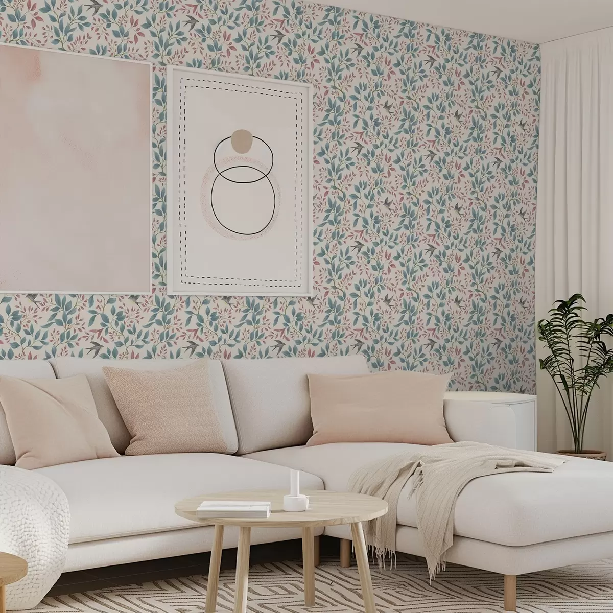 Carta da parati Rami blu e rosa con uccellini su sfondo color crema a00933