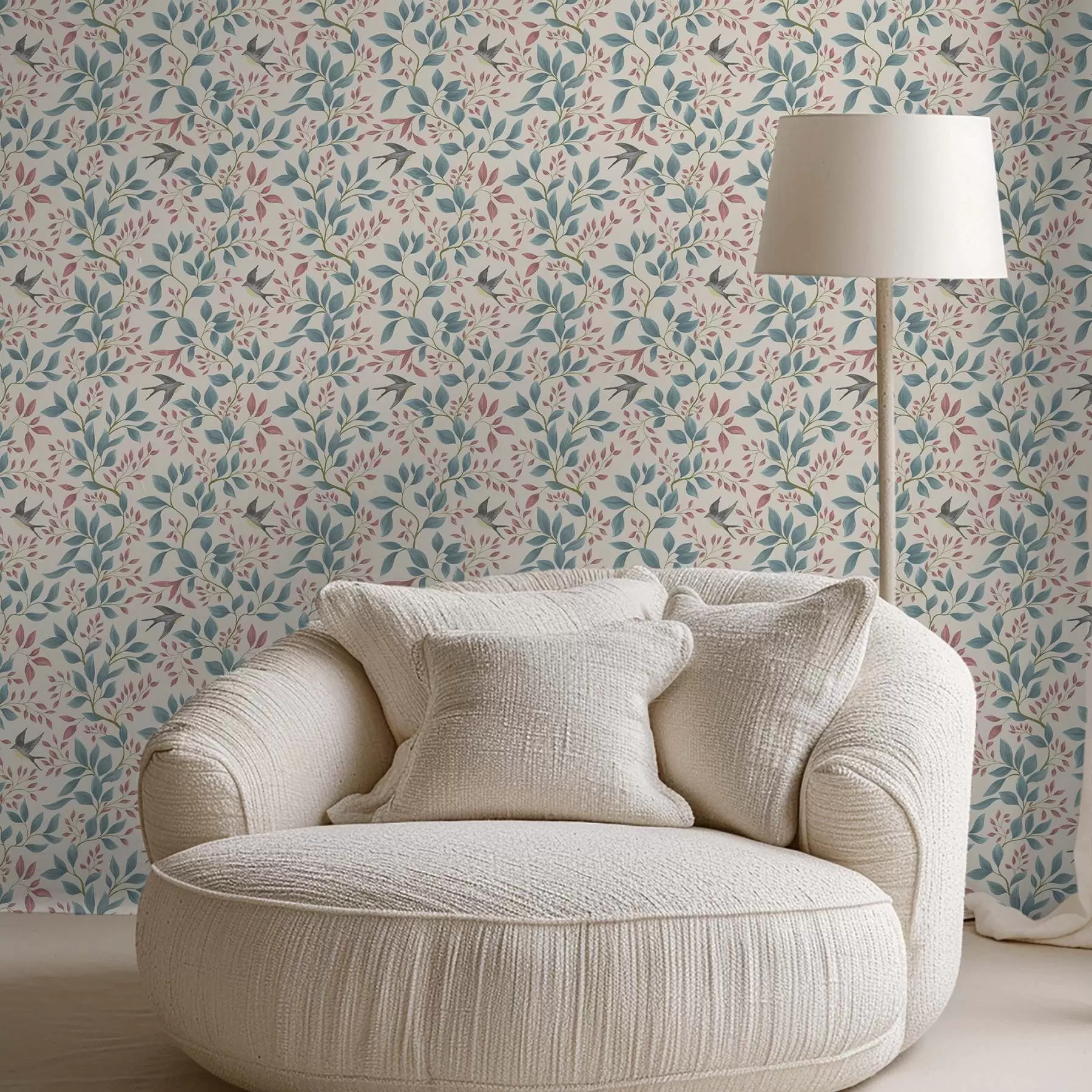 carta da parati Rami blu e rosa con uccellini su sfondo color crema nr. a00933