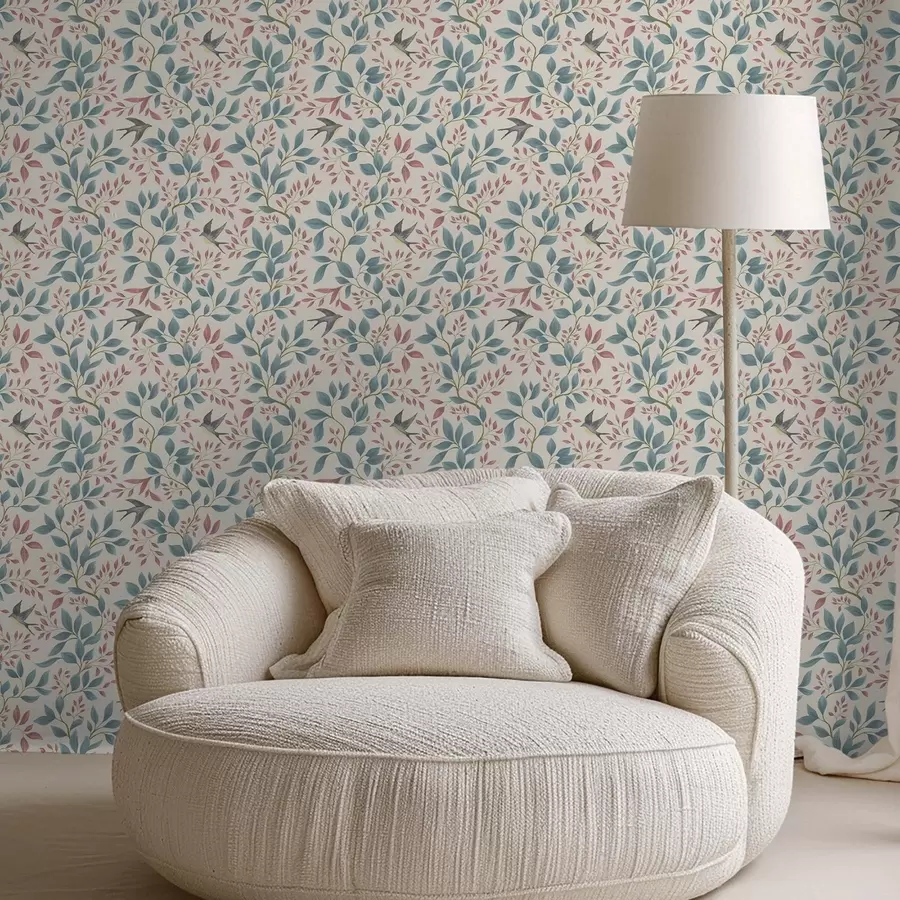 carta da parati Rami blu e rosa con uccellini su sfondo color crema nr. a00933