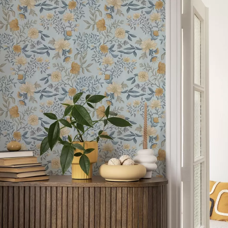 carta da parati Fiori gialli e blu con foglie su sfondo azzurro cielo nr. a00934