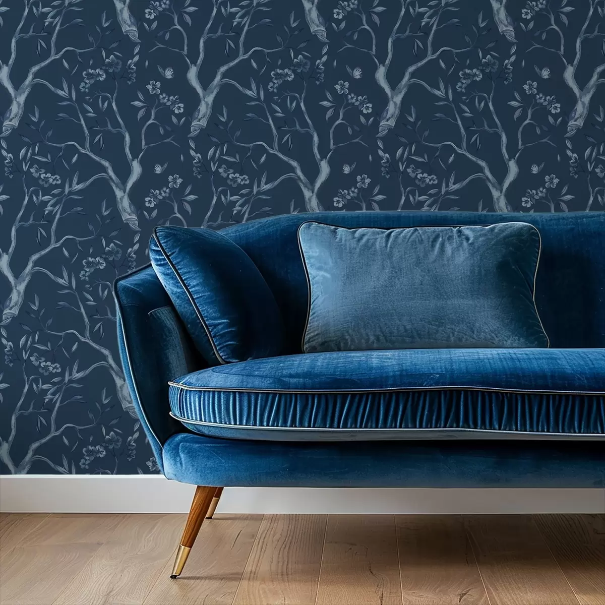 Carta da parati Rami fioriti blu con farfalle su sfondo scuro a00951v1