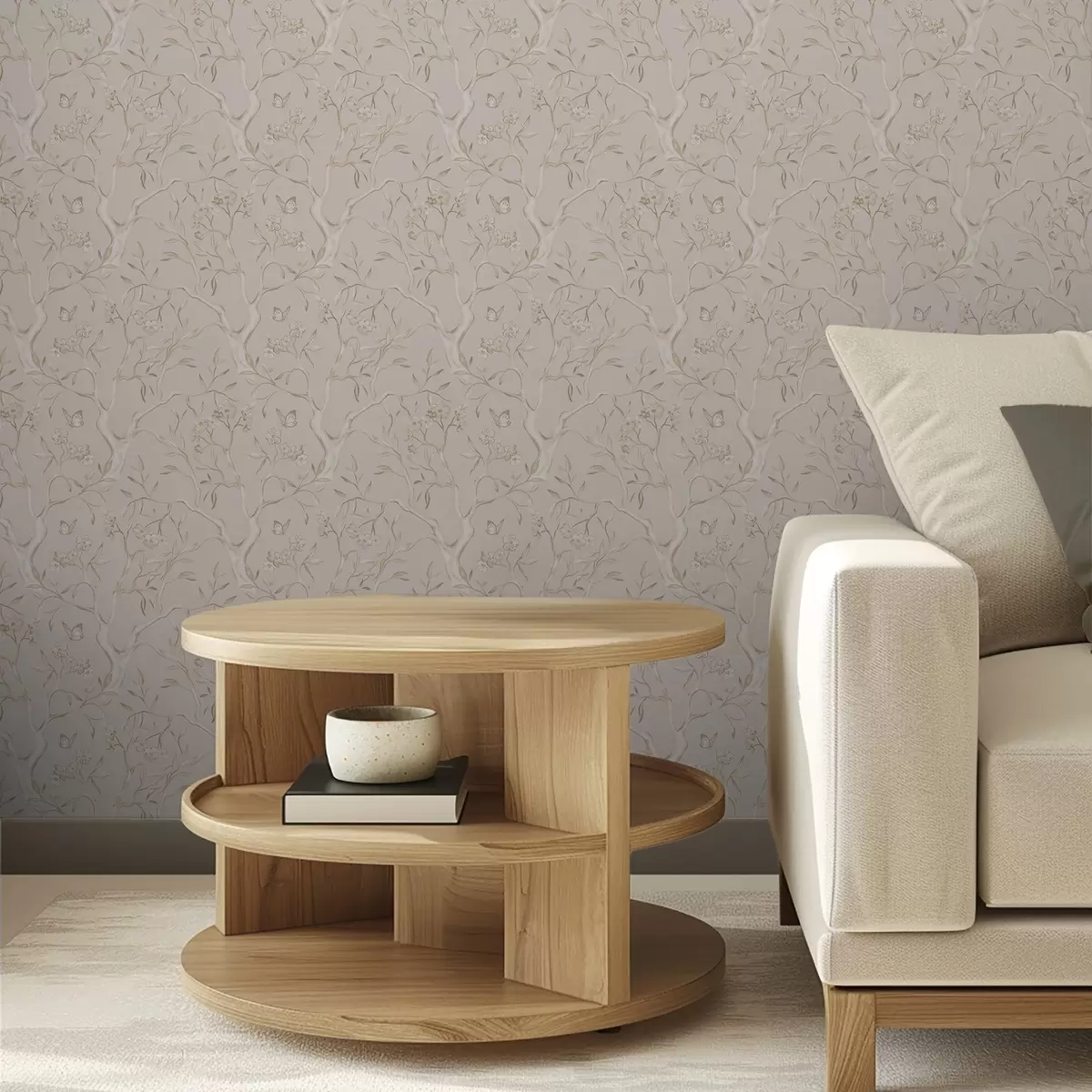 Carta da parati Rami fioriti beige con farfalle su uno sfondo tenue a00951v2