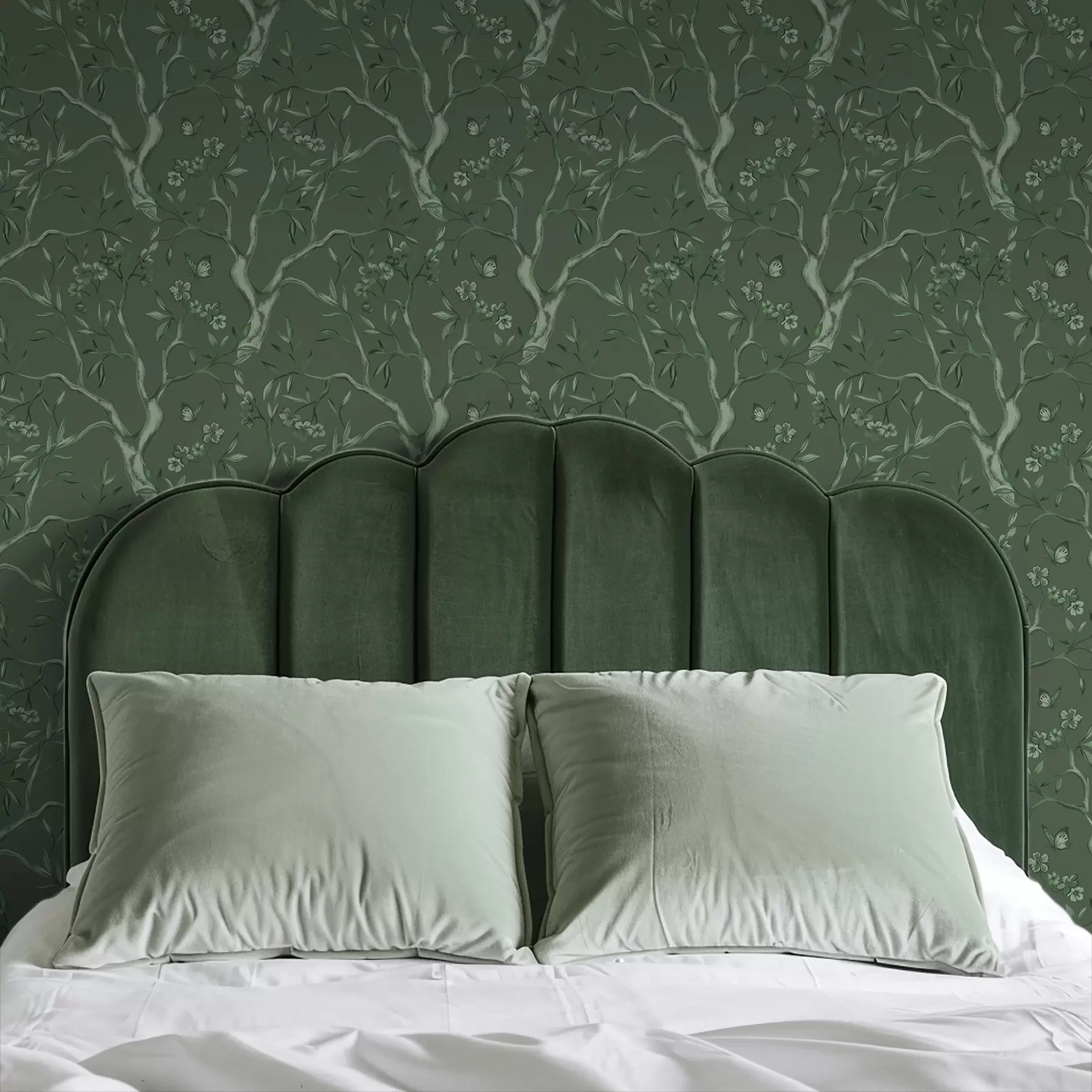 carta da parati Rami fioriti verdi con farfalle su uno sfondo scuro nr. a00951v3