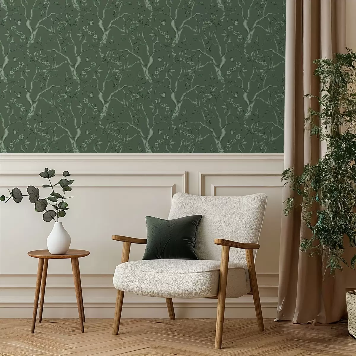 Carta da parati Rami fioriti verdi con farfalle su uno sfondo scuro a00951v3