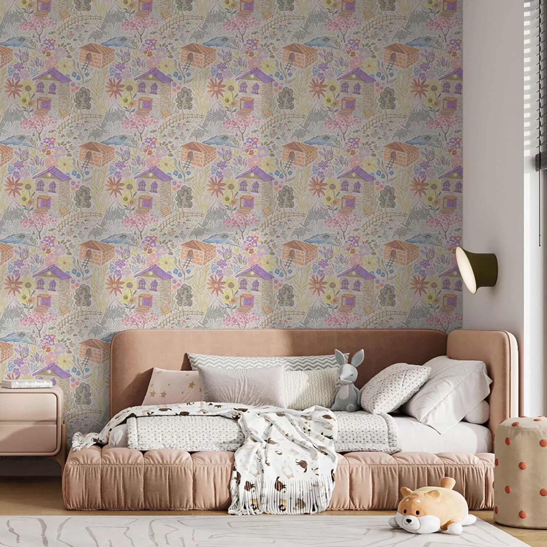 carta da parati Disegno infantile di un villaggio con una casa, montagne e fiori nr. a00952