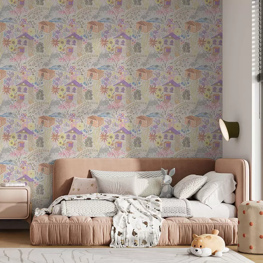 carta da parati Disegno infantile di un villaggio con una casa, montagne e fiori nr. a00952