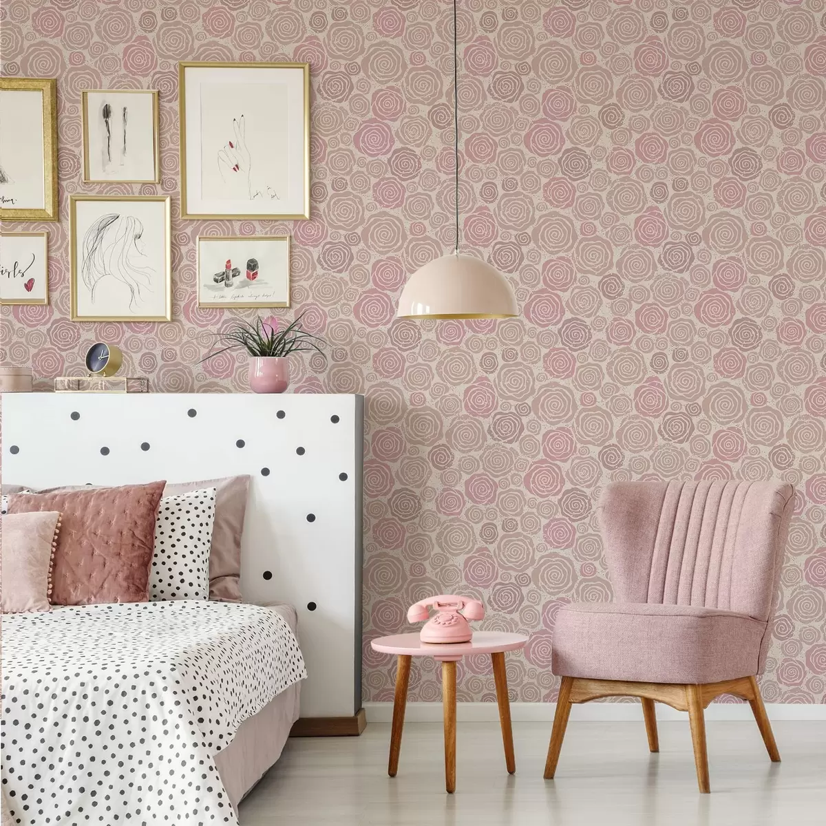 Carta da parati Rose rosa a spirale e spruzzi su sfondo chiaro a00955