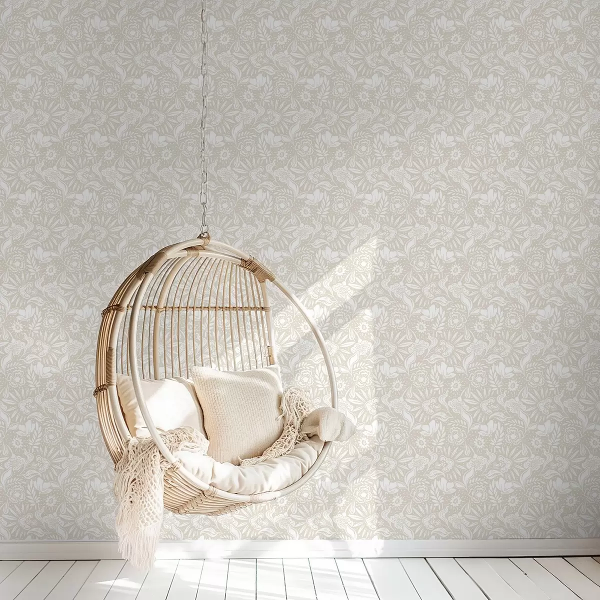 Carta da parati Ornamento floreale lineare bianco su sfondo beige a00956