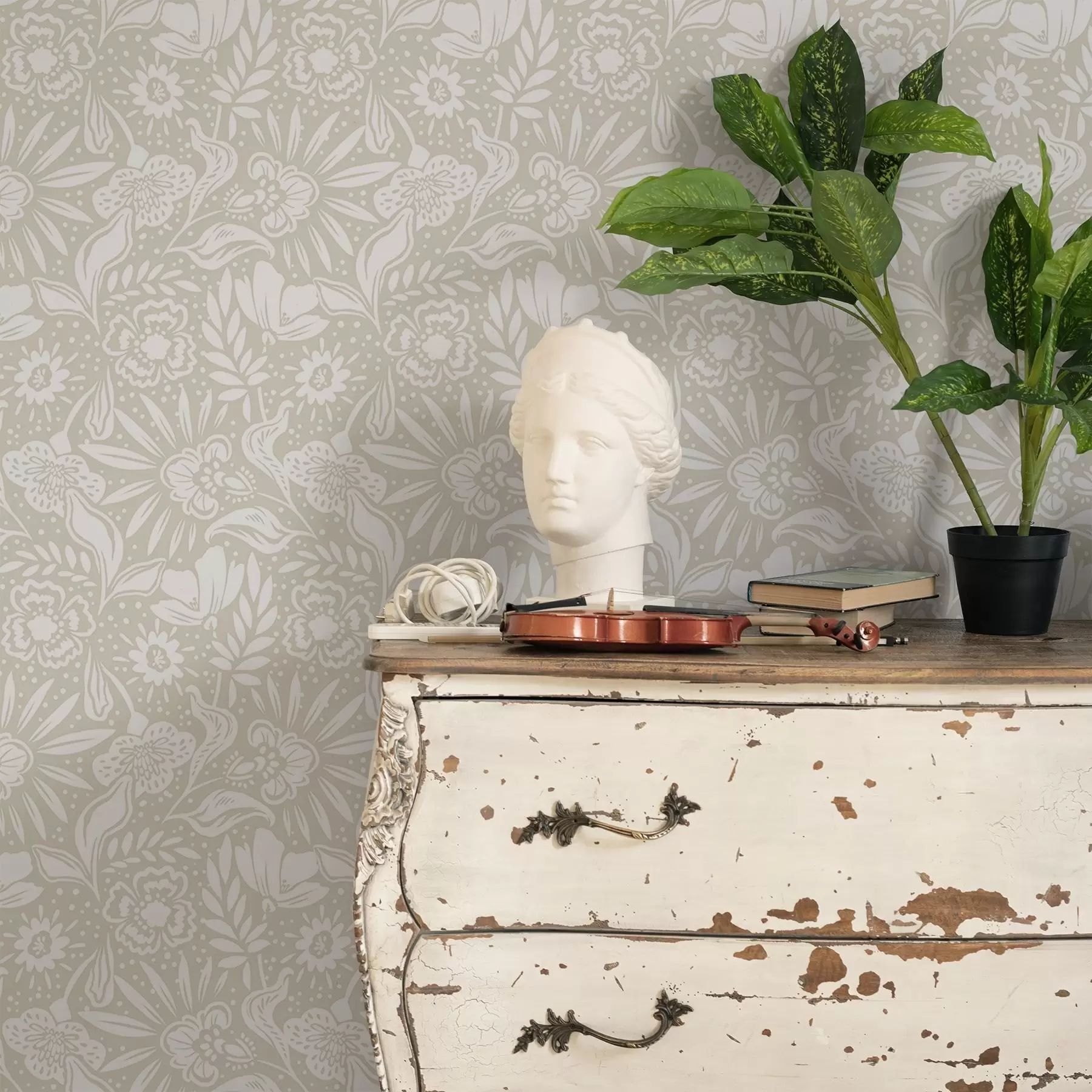 carta da parati Ornamento floreale lineare bianco su sfondo beige nr. a00956